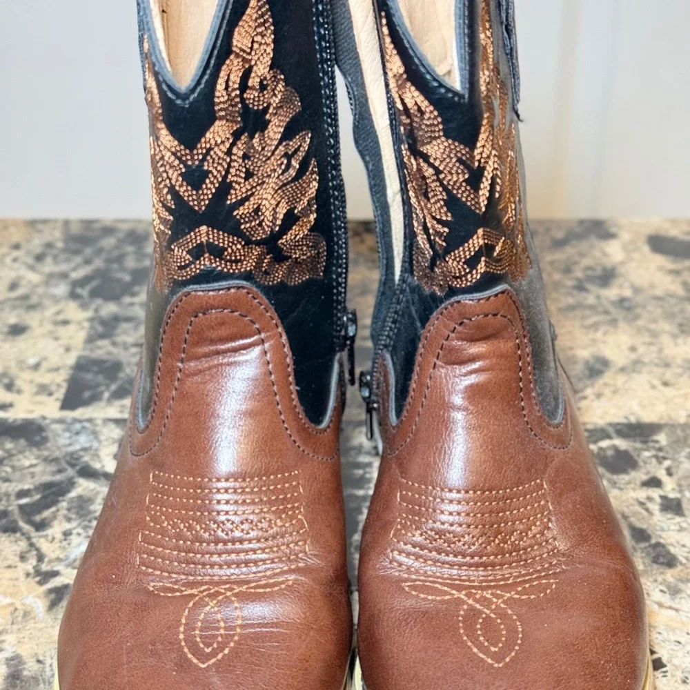 Norty Kids Brown Black Western Cowboy Boots Size 13 Embroidered Side Zip
